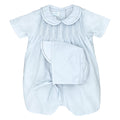 Petit Ami Blue Romper With Pintuck, Featherstitching, and Bonnet