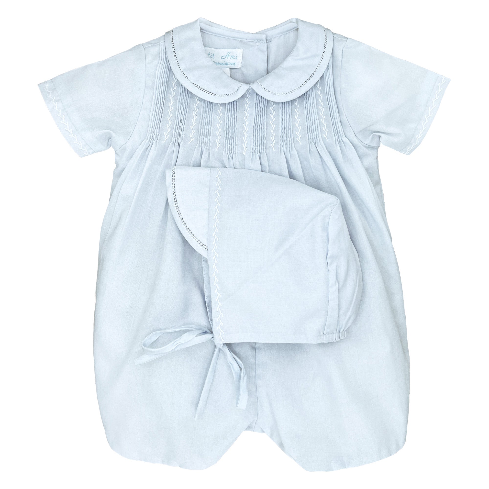 Petit Ami Blue Romper With Pintuck, Featherstitching, and Bonnet