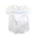 Petit Ami White Romper With Smocking And Blue Detail