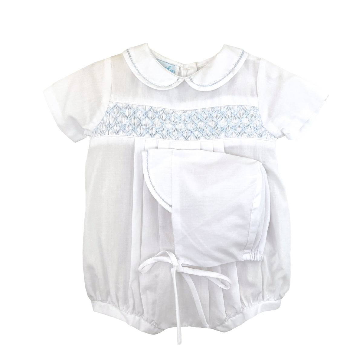 Petit Ami White Romper With Smocking And Blue Detail